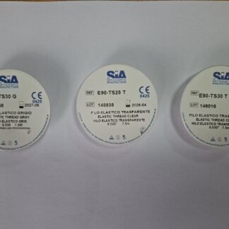 Trei bobine de fir elastic SIA de 7,5 m: E90-TS30 G gri .030, E90-TS25 T transparent .025 și E90-TS30 T transparent .030
